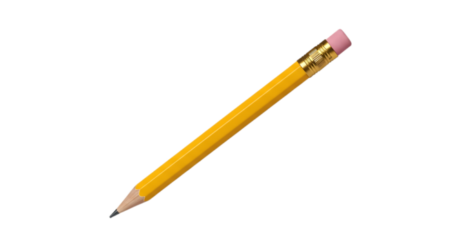 Yellow wooden pencil with pink eraser and gold ferrule angled diagonally, cutout, PNG isolated on white or transparent background - Powered by Adobe