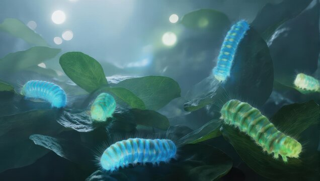 Bioluminescent Caterpillars Crawling on Lush Green Leaves in a Mystical Forest.