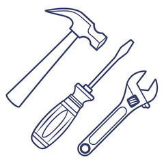 Illustration of a hammer, screwdriver, and adjustable wrench ideal for diy, construction, or home repair projects
