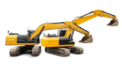 Two large yellow excavators stand side by side on a clean white background, showcasing their powerful design and capability in construction and earth-moving tasks.