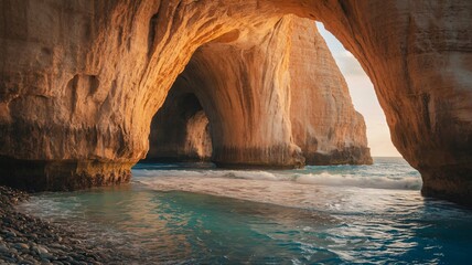 Sea cave along rocky coastline with blue water and natural arch