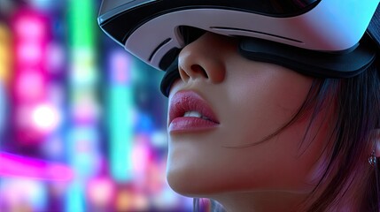 Woman using virtual reality headset exploring digital world futuristic technology