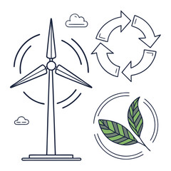 Ecofriendly energy concept with wind turbine, recycle sign, and leaves, promoting sustainability and renewable resources