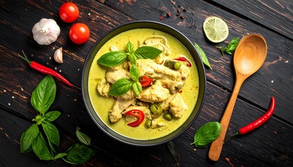 Top-down shot of a vibrant, green curry dish with chicken, vegetables, and fresh basil, artfully arranged on dark wood with fresh ingredients