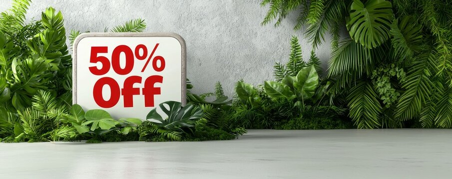 Half-Price Delight: A banner showcases a generous 50% discount amidst the lush embrace of vibrant green foliage.