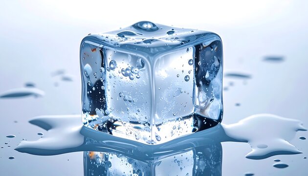 Close-up of a melting ice cube on a reflective surface. - Powered by Adobe