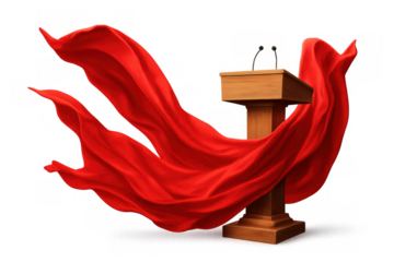 Wooden podium with microphones and flowing red fabric, representing public speaking, announcement, and importance, transparency included