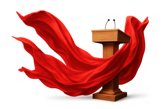 Wooden podium with microphones and flowing red fabric, representing public speaking, announcement, and importance, transparency included