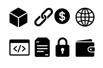 Blockchain and cryptocurrency icons: security, wallet, global and technical symbols