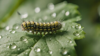 Macro shot of a caterpillar with water droplets on a green leaf.