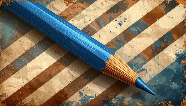 A close-up view of a blue pencil laid diagonally across a background of brown and beige diagonal stripes