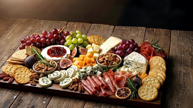 Rustic charcuterie board with cheese, grapes, and nuts prepared for thanksgiving dinner