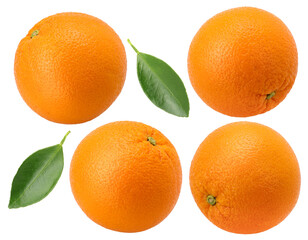 Orange fruit ( Navel oranges) and leaves isolated, transparent PNG, PNG format, cut out, collection