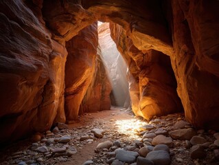 Sunlit Interior of a Winding Slot Canyon with Archways, Streaks of Light, and Rocky Ground