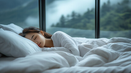 Restorative Sleep Retreat in Mountains. Woman sleeping peacefully on  luxurious bed in minimalist mountain hotel room with panoramic windows