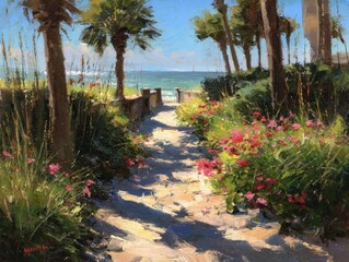 Impressionistic Beach Path Painting Vibrant Coastal Scene Tropical Landscape Lush Foliage Palm Trees Seascape Art Bright Sunny Day
