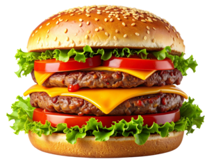 A realistic close-up of a double beef cheeseburger stacked high with two juicy patties, melted cheddar cheese, tomato slices, crisp lettuce, ketchup, and sesame seed bun,