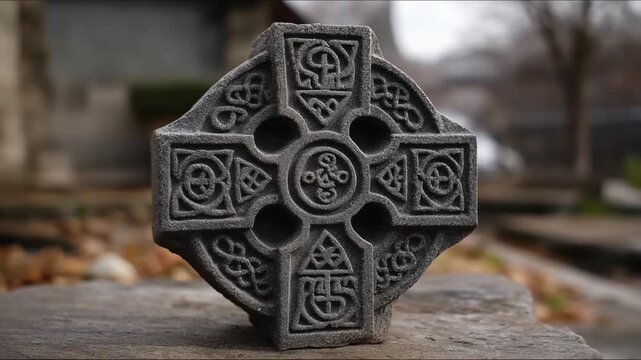 Celtic cross sculpture with intricate designs on wooden surface  
