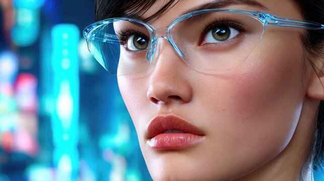 Woman wearing futuristic eyeglasses portrait focus on face