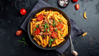 Top-down shot of penne pasta in a black bowl, topped with ground meat, tomatoes, and herbs. It sits on a dark napkin