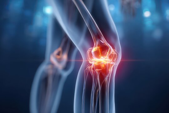 Person gripping her knee in pain X-ray illustration anatomy. Sore leg, bone. Affected area of tendon problems. Pain relief techniques, health in daily life. Red orange leg ache sign digital overlay.