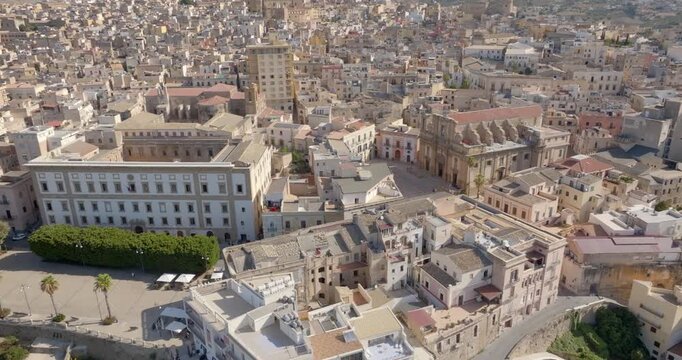 Aerial view of the historic center of the town of Sciacca, in the province of Agrigento, Sicily, Italy. It's a beautiful, sunny summer day.