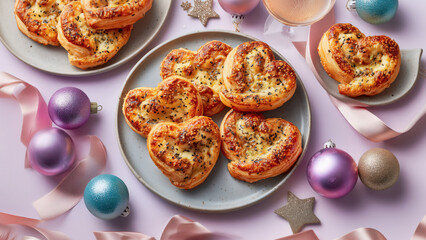 Top-view of fictional handmade French puff pastry palmiers with crunchy crust and various sesame seeds on a plate, each one shaped into a heart, surrounded by Christmas decorations, ribbons. 