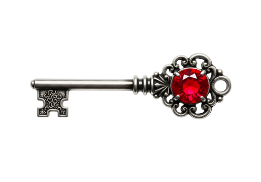 A meticulously detailed antique key, adorned with intricate carvings and a vibrant ruby, stands out against a stark black background.