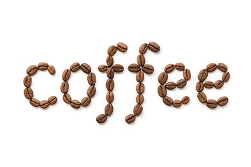 Isolated roasted brown coffee beans spelling the word coffee and forming a heart shape on a white background