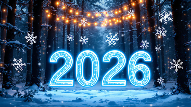 Icy Blue Neon 2026 New Year Text in Dark Winter Woods Holiday Celebration Background