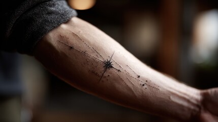 Ethereal Starlight: Delicate Tattoo Design of Dashed Star Path on Forearm with Spark Dots