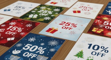 Collection of holiday sale flyers featuring discounts and festive graphics are displayed.