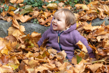 Baby spielt vergn&uuml;gt im Herbstlaub