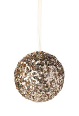 Beautiful golden Christmas ball hanging on white background