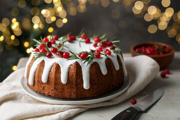 Tasty Christmas cake with icing, cranberries and rosemary on light table against blurred lights, closeup
