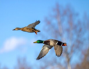 Obraz premium Two ducks fly in the bright blue sky. One is a male with a green head and the other is a female with a brown and mottled body
