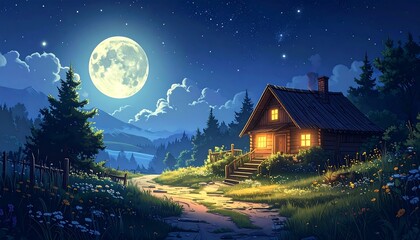 Serene Night Landscape - Illuminated Cottage Under the Moonlit Sky.