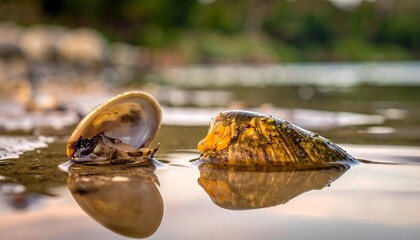 Two freshwater snails in shallow water with reflections.