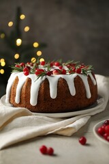 Tasty Christmas cake with icing, cranberries and rosemary on light table against blurred lights, closeup