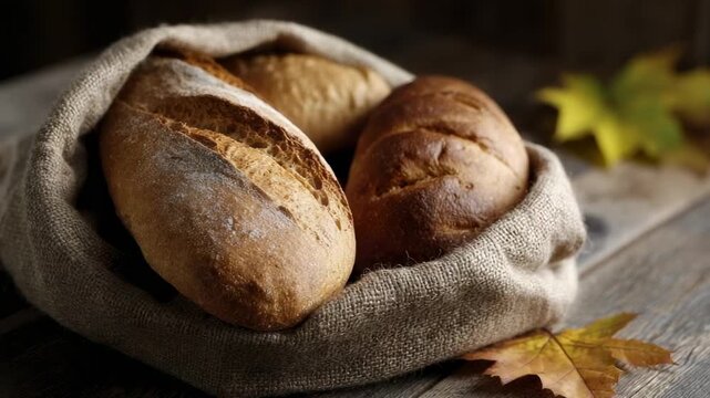 Three crusty loaves of freshly baked bread resting inside a coarse burlap sack on a rustic wooden surface garnished with a few autumn leaves