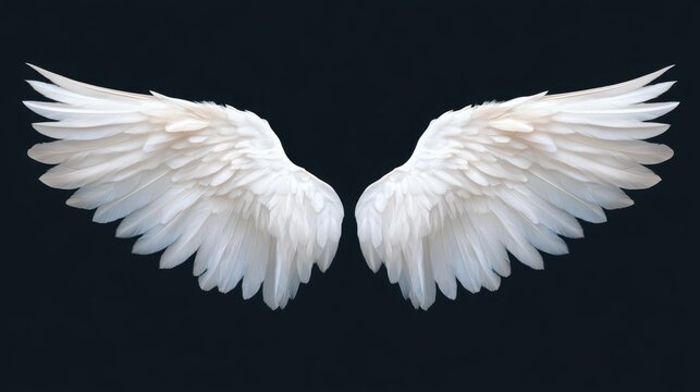 Elegant white angel wings with soft layered feathers on dark background, symbol of purity, fantasy and celestial grace