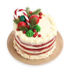 Tasty cake with Christmas decor isolated on white