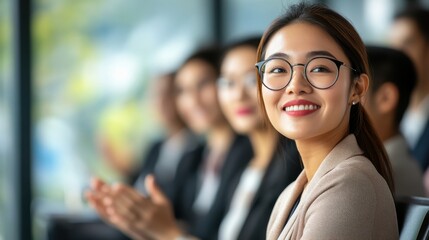 Smiling woman in glasses attending business seminar with colleagues in bright professional setting
