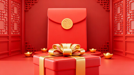 Giant bow gift box and gold ingot red envelope New Year element background