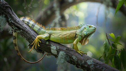 Green Iguana Resting on a Mossy Tree Branch in a Lush Forest with Soft Sunlight lizard reptile