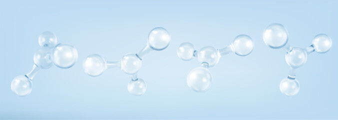 3D glass molecules or atoms on light blue background. Concept of biochemical, pharmaceutical, beauty, medical. Science or medical background. Vector 3d illustration