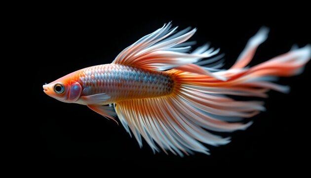 A betta fish in motion with fins spread wide, giving the impression of swimming. The fish has long, flowing tail fins and vibrant colors, including reds and blues.