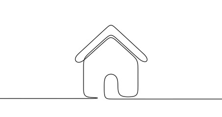 Simple house with a roof and door in one line art style. Drawing of a dwelling symbol with editable black stroke on a white background. Vector illustration. © Viktoriia