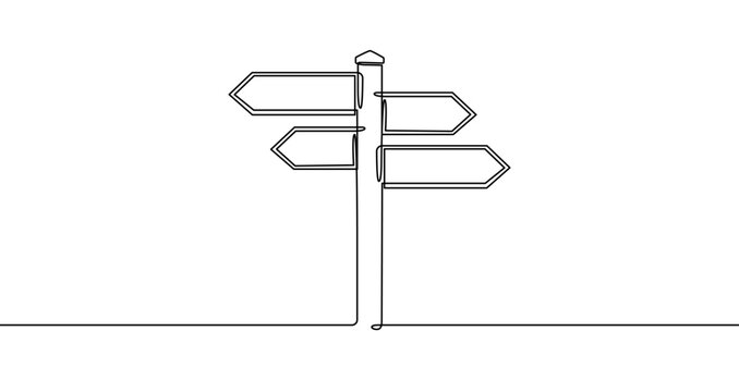 Road signpost with four blank arrows in one line art style. Drawing of a pole with four directional signs with editable black stroke on a white background. Vector illustration.