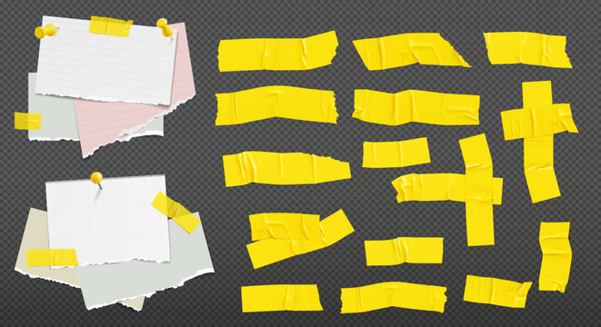 Yellow duct tape for photo collage. Bright scotch tape for the paper. Collage notebook paper pieces, paper clip and stickers and torn paper. Vector elements. 